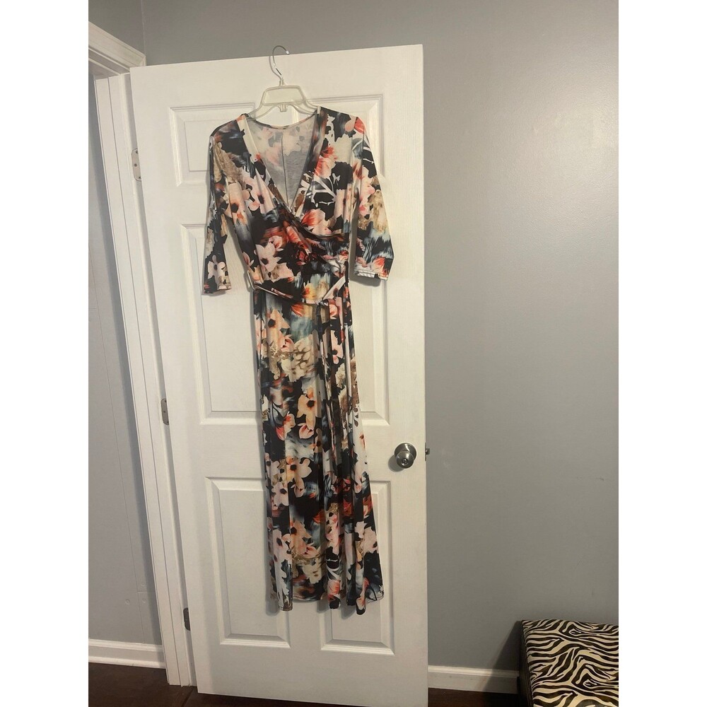 3/4 Sleeve Faux Wrap Belted Maxi Dress Size M